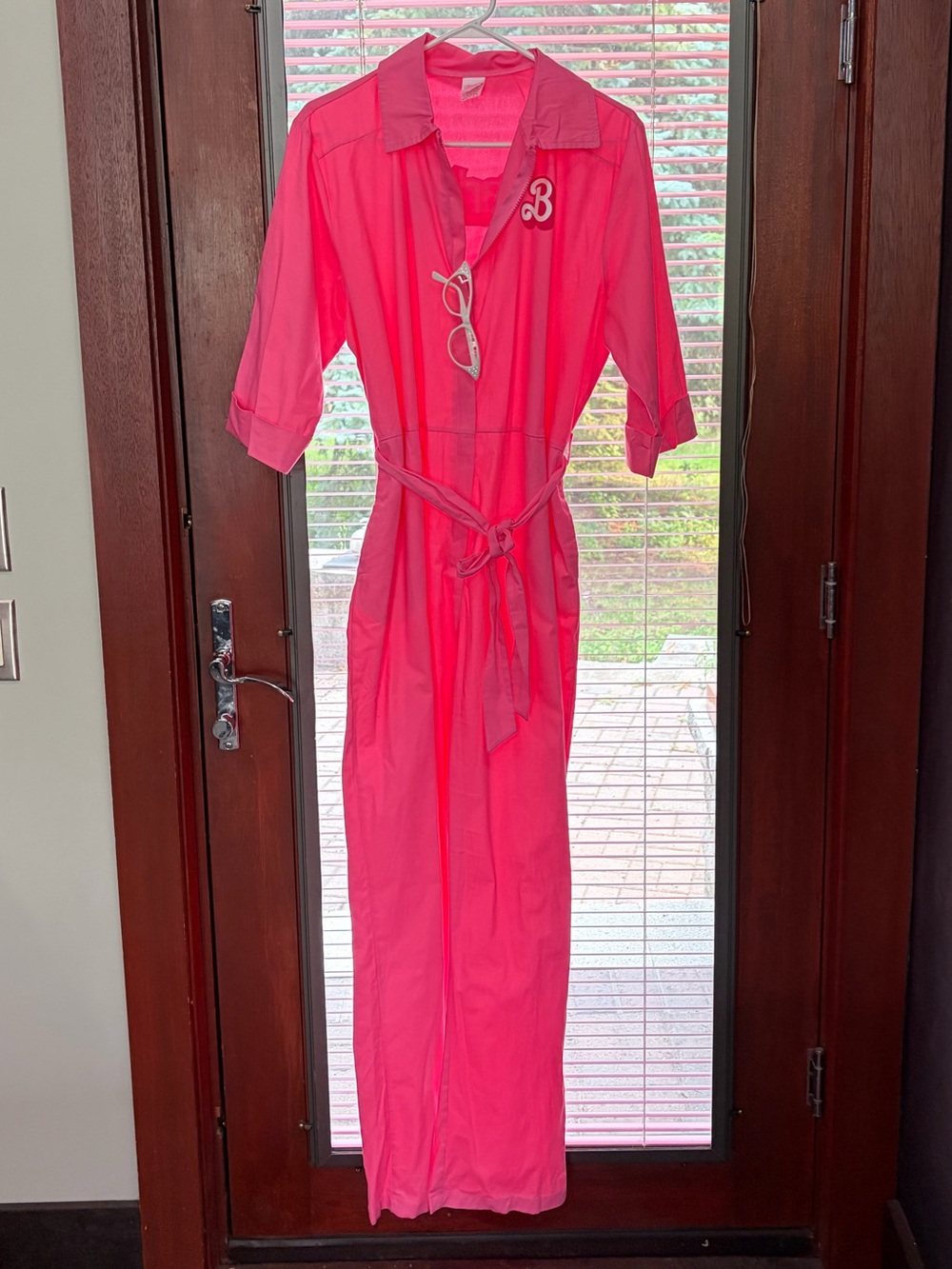 Barbie movie pink power jumpsuit Barbie logo romper & glasses! Womens Large